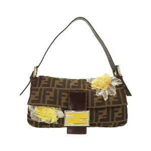 Fendi Zucca Canvas Baguette Floral Embroidery Bucket Handbag Brown